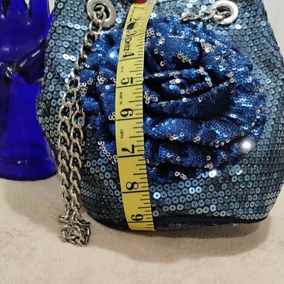 Blue sequined party hobo bag with flower accent Purse - Picture 7 of 9